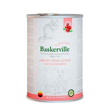 Baskerville Влажный корм для стареющих кошек с чувствительным пищеварением с ягнёнком, клюквой и кошачьей травой, 400 г 41124 фото