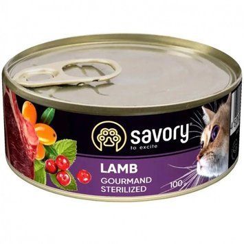 Savory Cat Can Adult Sterilised Вологий корм для дорослих стерилізованих кішок з ягням 100 г 77850 фото
