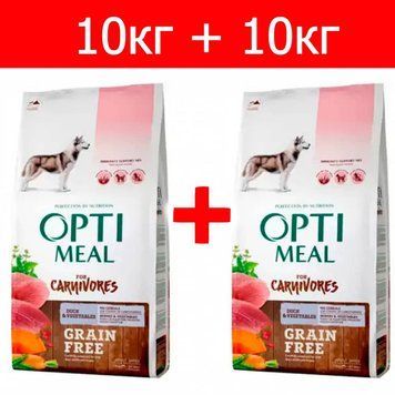 Акция Optimeal Grain-Free Adult Dog беззерновой корм с уткой и овощами 10кг + 10кг в подарок 62837 фото