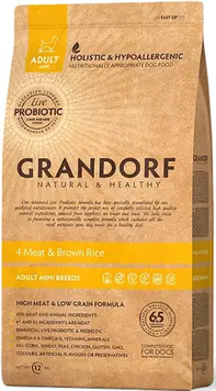 Grandorf Livintg Probioti 4 Meat Recipe Adult Mini - 4 види м'яса з бурим рисом Сухий корм для міні порід 1 кг 78674 фото